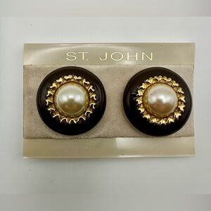 Vintage St. John Earrings Faux Pearl Gold Brown Clip Cabochon Round 1" New Card